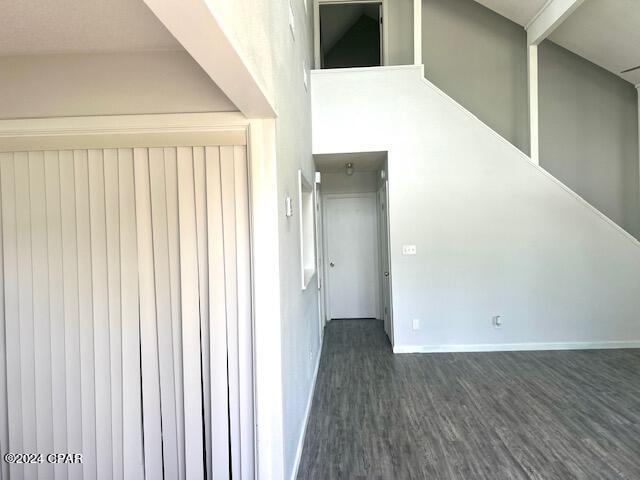 interior space featuring baseboards, dark wood finished floors, and a high ceiling