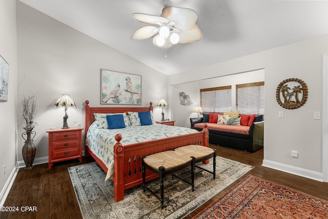 bedroom with vaulted ceiling, dark hardwood / wood-style flooring, and ceiling fan