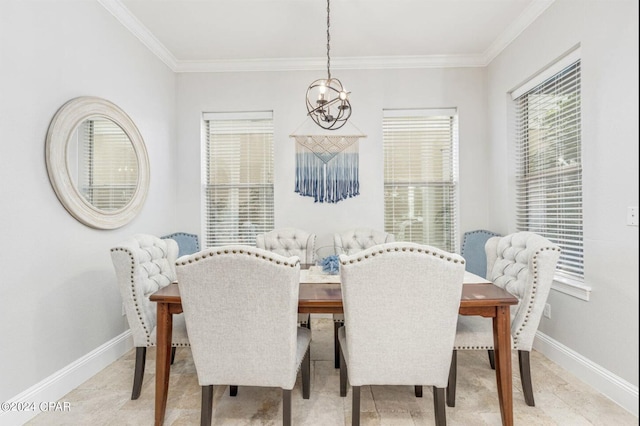 dining area featuring ornamental molding and a notable chandelier