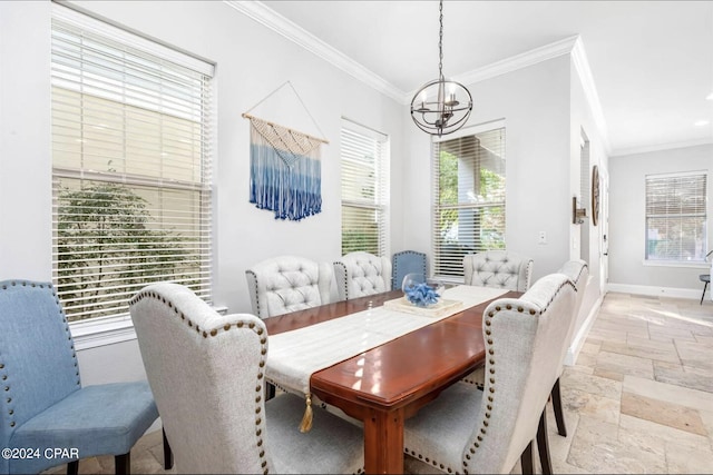 dining area with a chandelier and ornamental molding