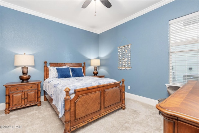 bedroom featuring light carpet, ornamental molding, and ceiling fan