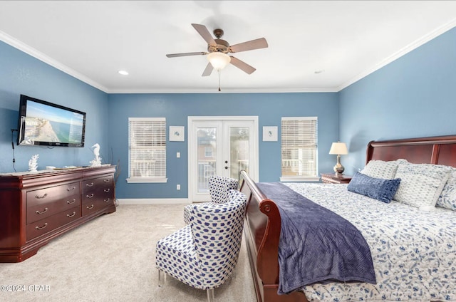 bedroom featuring ceiling fan, french doors, light carpet, ornamental molding, and access to exterior