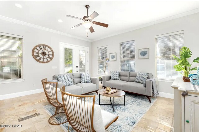 living room featuring ornamental molding, ceiling fan, plenty of natural light, and french doors