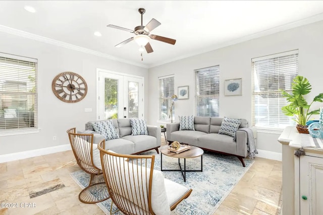 living area with crown molding, french doors, a wealth of natural light, and baseboards