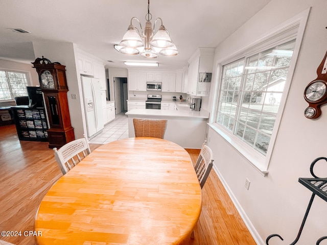 dining room with an inviting chandelier, light hardwood / wood-style flooring, and a healthy amount of sunlight