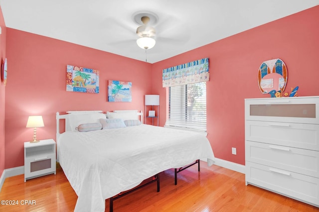 bedroom featuring ceiling fan and light wood-type flooring