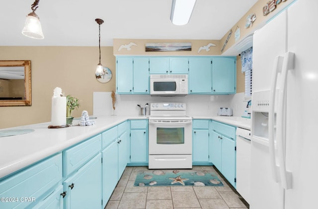 kitchen with blue cabinets, kitchen peninsula, pendant lighting, white appliances, and light tile patterned flooring