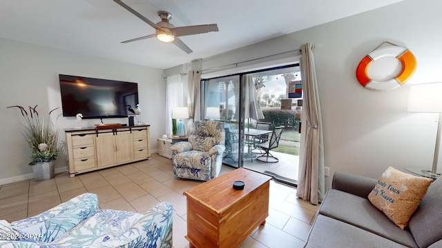 living room featuring light tile patterned floors and ceiling fan