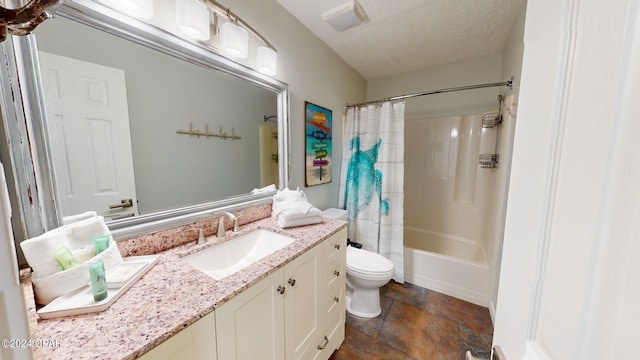 full bathroom with toilet, a textured ceiling, shower / tub combo with curtain, and vanity