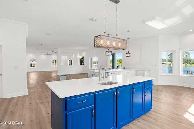 kitchen with ceiling fan, an island with sink, sink, light hardwood / wood-style flooring, and blue cabinetry