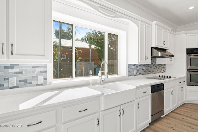 kitchen with light wood-type flooring, sink, ornamental molding, appliances with stainless steel finishes, and white cabinetry