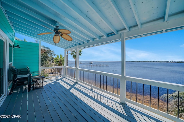 deck featuring ceiling fan and a water view