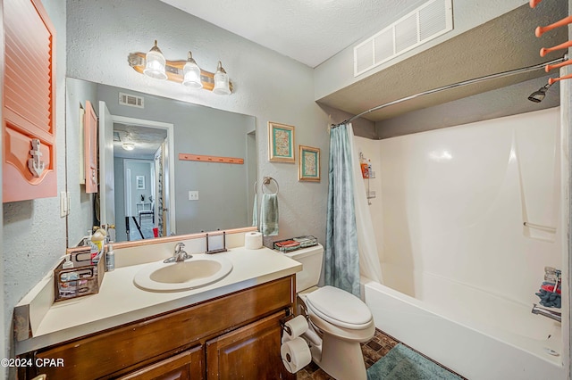 bathroom with toilet, a textured wall, shower / tub combo, and visible vents