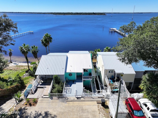 aerial view featuring a water view