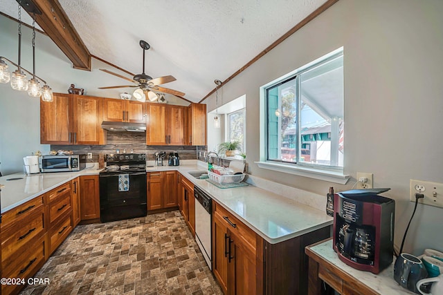 kitchen with sink, vaulted ceiling with beams, hanging light fixtures, ceiling fan, and stainless steel appliances