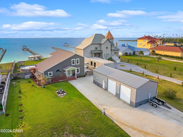 aerial view featuring a water view