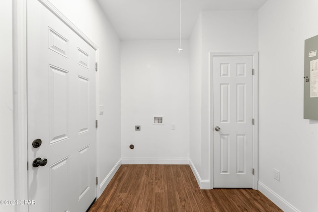 washroom with hookup for an electric dryer, washer hookup, and dark hardwood / wood-style flooring