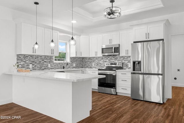 kitchen with kitchen peninsula, white cabinets, hanging light fixtures, dark hardwood / wood-style floors, and stainless steel appliances