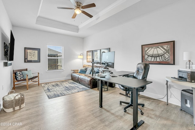 office with ornamental molding, light wood-type flooring, ceiling fan, and a tray ceiling