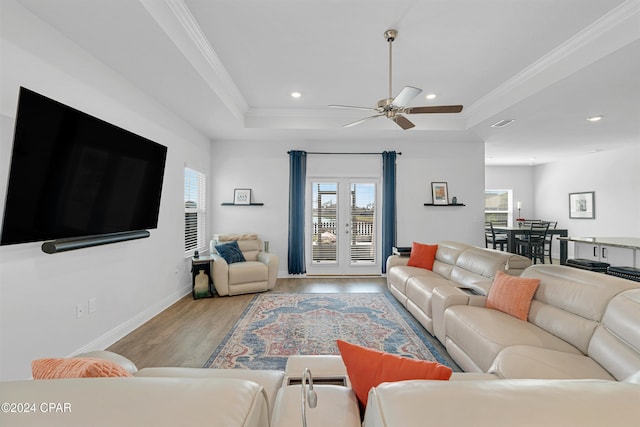 living room featuring plenty of natural light, a tray ceiling, and light hardwood / wood-style flooring