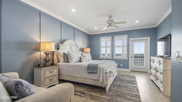 bedroom featuring access to exterior, ceiling fan, and ornamental molding