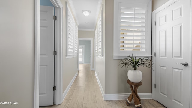 corridor featuring ornamental molding