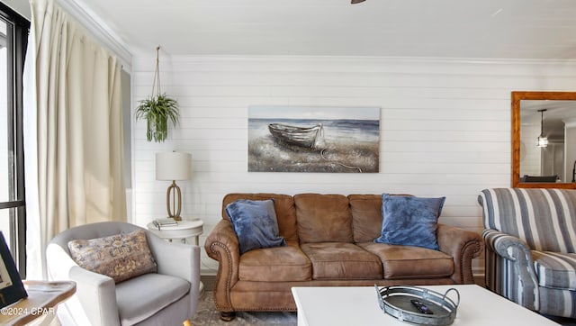 living room with crown molding