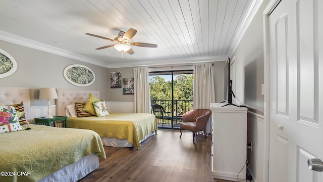 bedroom featuring wood ceiling, access to exterior, ornamental molding, dark hardwood / wood-style flooring, and ceiling fan