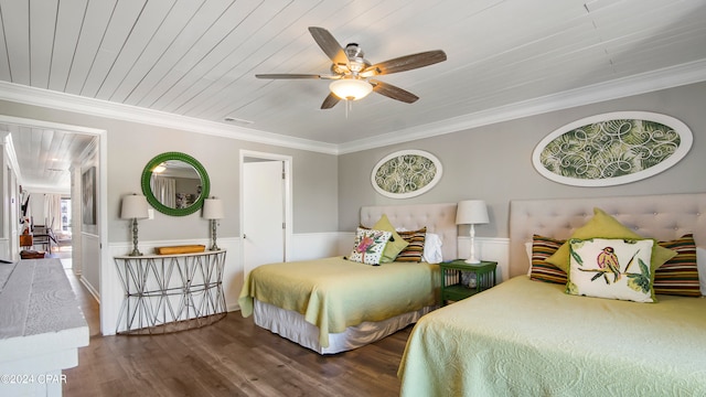 bedroom with ornamental molding, hardwood / wood-style floors, wooden ceiling, and ceiling fan