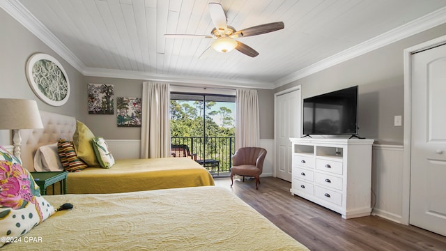 bedroom with dark hardwood / wood-style flooring, access to exterior, wooden ceiling, and ceiling fan