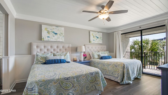 bedroom featuring access to exterior, ceiling fan, wooden ceiling, ornamental molding, and dark hardwood / wood-style floors