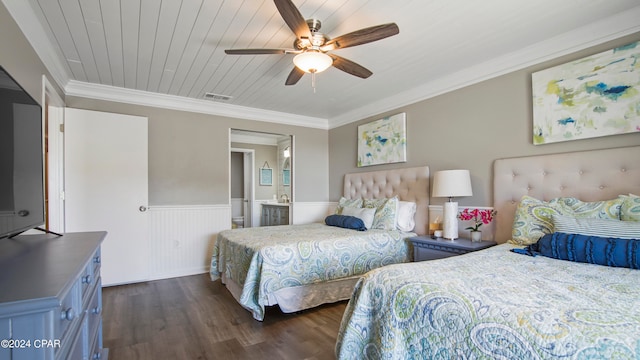 bedroom featuring crown molding, dark hardwood / wood-style floors, wood ceiling, and ceiling fan