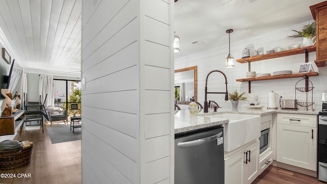 kitchen with dishwasher, pendant lighting, white cabinetry, light stone counters, and dark hardwood / wood-style flooring