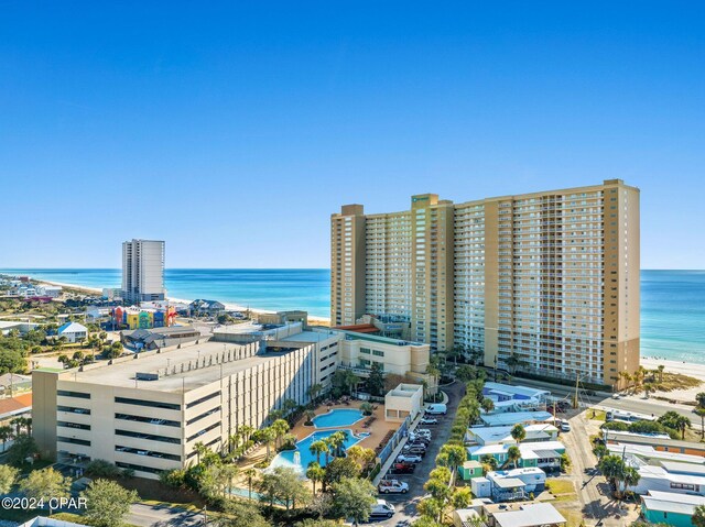 aerial view featuring a water view and a view of the beach