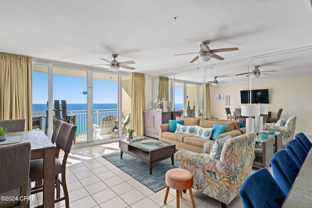 tiled living room with expansive windows