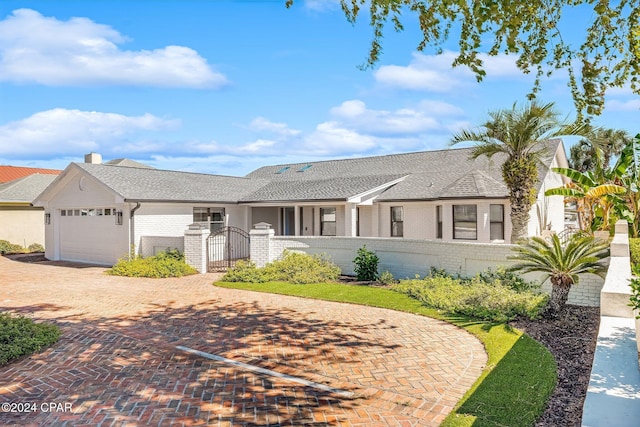 443 Wahoo Rd, Panama City Beach, FL 32408 - ranch-style home with brick siding, a gate, a fenced front yard, a garage, and decorative driveway