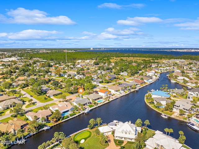 bird's eye view with a water view