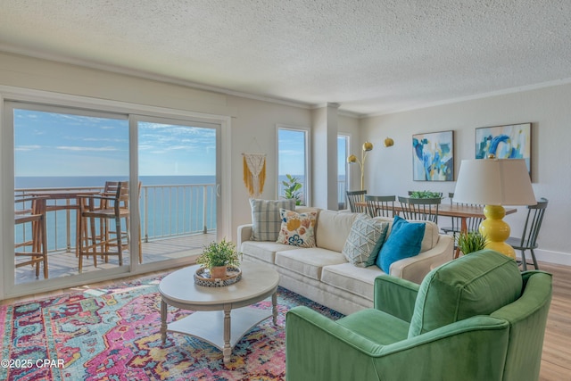 living area with a textured ceiling, a water view, baseboards, ornamental molding, and light wood finished floors