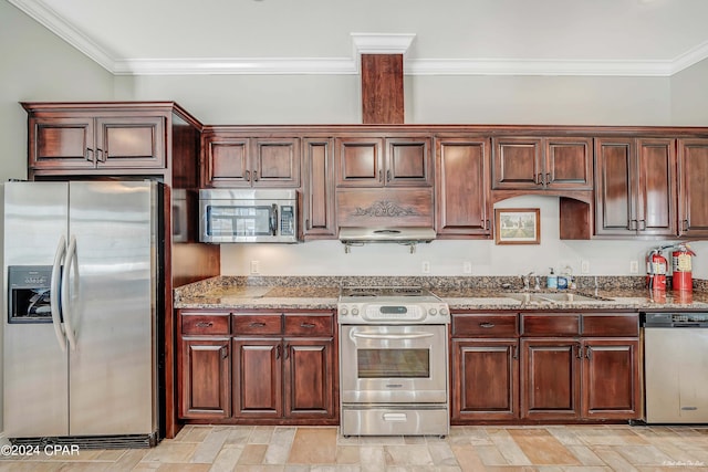 kitchen with ornamental molding, stainless steel appliances, sink, and stone counters