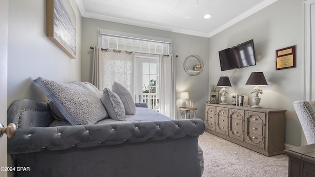 bedroom featuring light carpet and ornamental molding