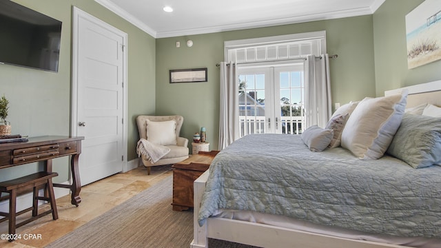 bedroom with stone tile floors, recessed lighting, french doors, crown molding, and access to outside