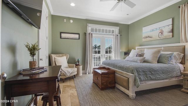 bedroom with a ceiling fan, stone tile floors, recessed lighting, crown molding, and access to exterior