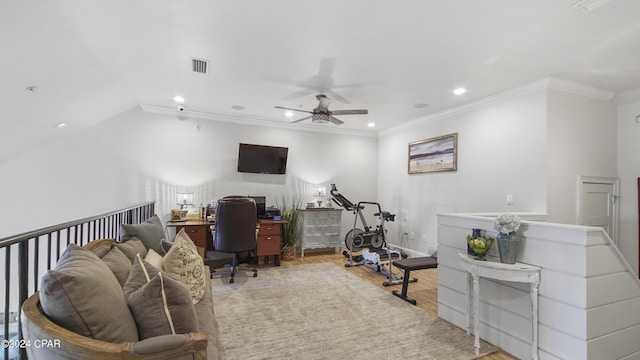 office featuring visible vents, ornamental molding, wood finished floors, recessed lighting, and ceiling fan