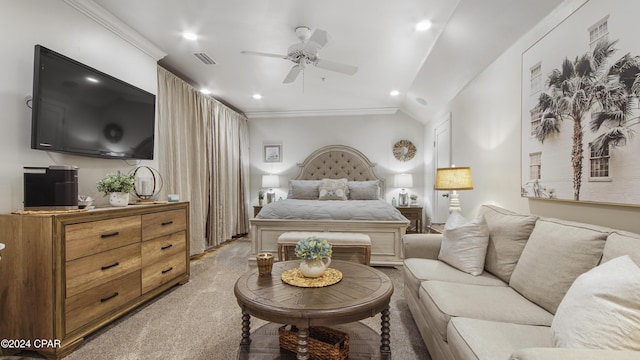 bedroom with visible vents, recessed lighting, crown molding, light colored carpet, and ceiling fan