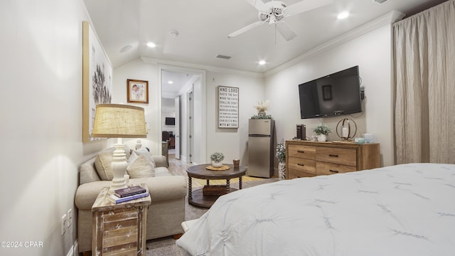 bedroom featuring visible vents, ornamental molding, freestanding refrigerator, recessed lighting, and ceiling fan