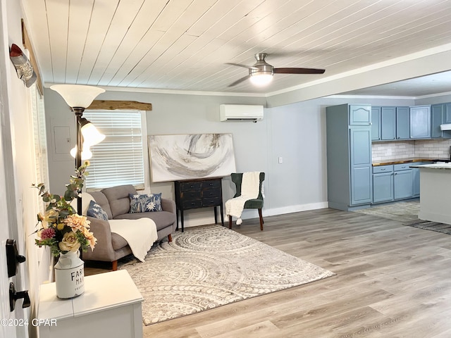 living room featuring light wood-type flooring, ornamental molding, ceiling fan, wooden ceiling, and a wall mounted AC