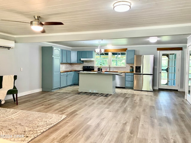 kitchen featuring backsplash, light hardwood / wood-style floors, stainless steel appliances, wooden ceiling, and a wall mounted AC