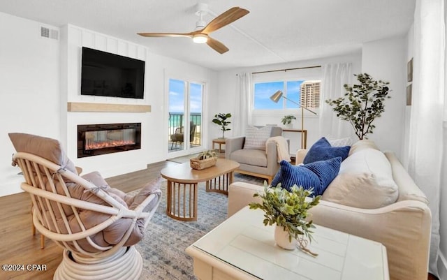 living room with ceiling fan and hardwood / wood-style floors