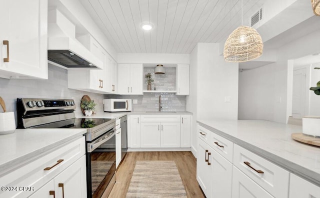 5801 Thomas Dr Unit 501, Panama City, FL 32408 - kitchen with appliances with stainless steel finishes, custom exhaust hood, a sink, light wood-style floors, and white cabinetry
