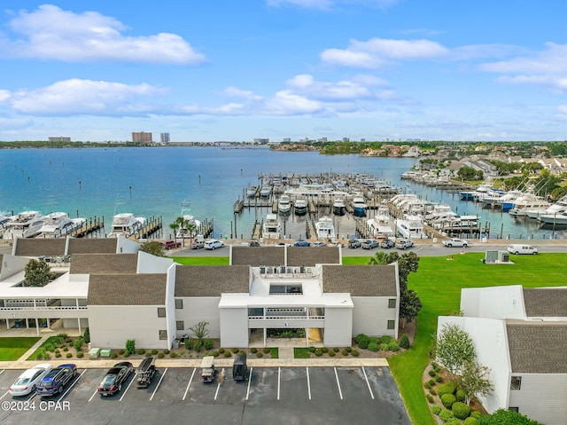 birds eye view of property featuring a water view